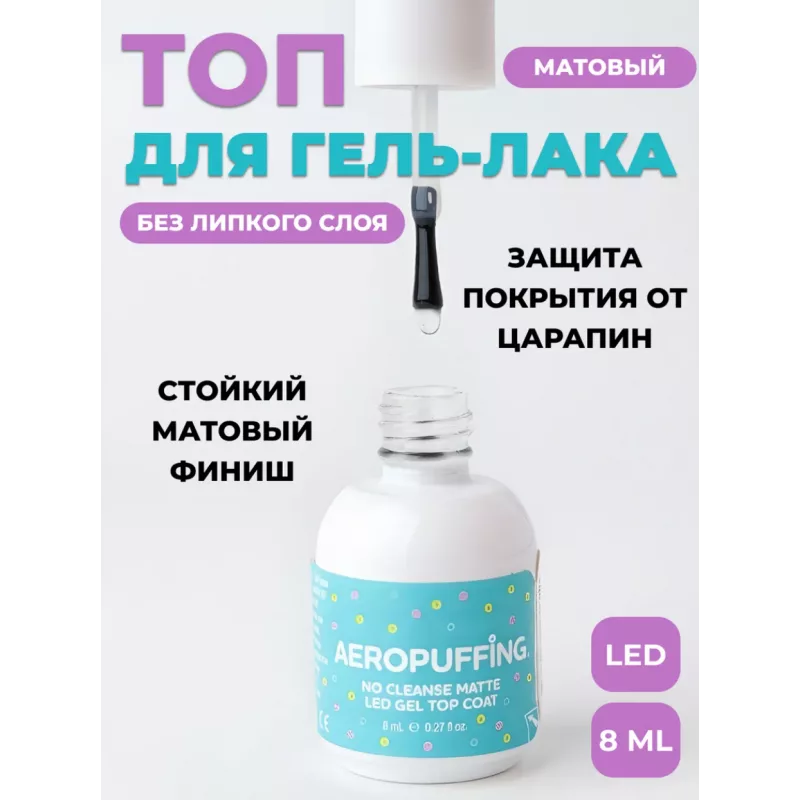 Aeropuffing, матовое верхнее покрытие без липкого слоя No Cleanse Matte LED Gel Top Coat, 8 мл.