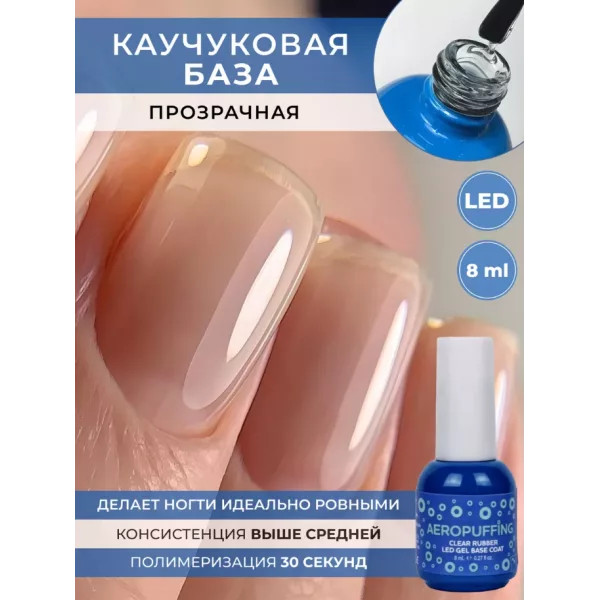 Aeropuffing, база каучуковая прозрачная Clear Rubber LED Gel Base Coat, 8 мл.