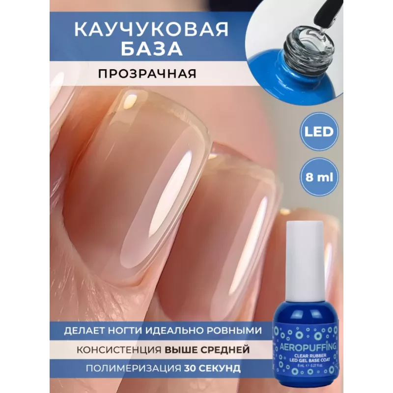 Aeropuffing, база каучуковая прозрачная Clear Rubber LED Gel Base Coat, 8 мл.
