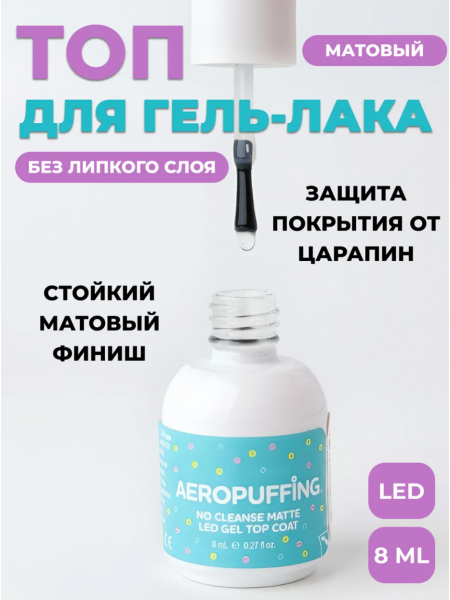 Aeropuffing, No-Cleanse Matte LED Top Coat – матовый топ без липкого слоя, 8 мл.