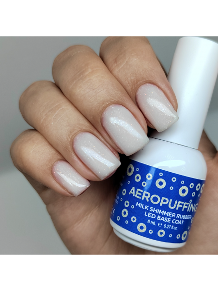 Aeropuffing, база каучуковая молочная с шиммером Milk Shimmer Rubber LED Base Coat, 8 мл.